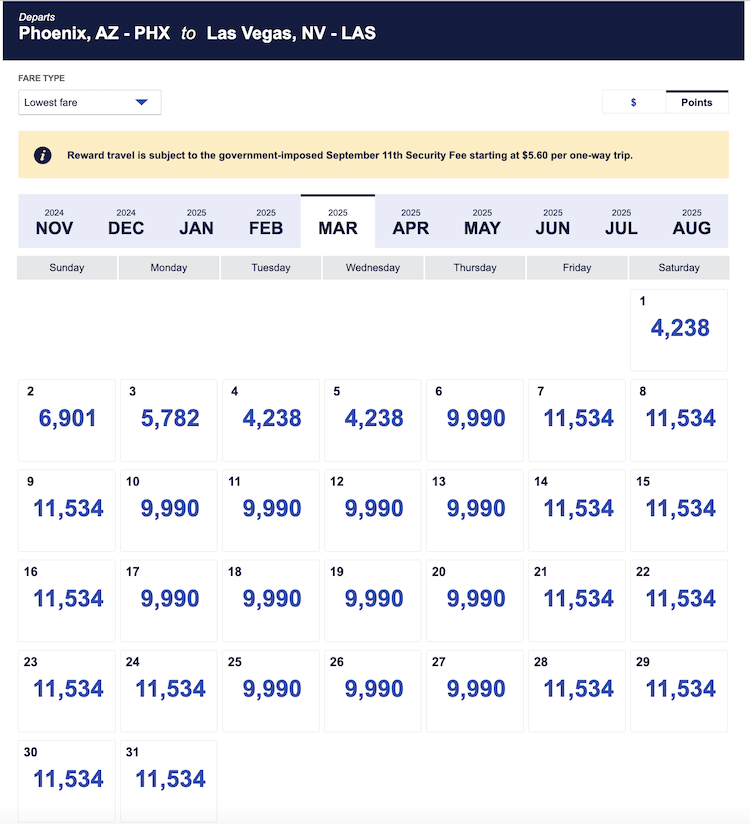 Southwest low fare calendar for PHX to LAS.